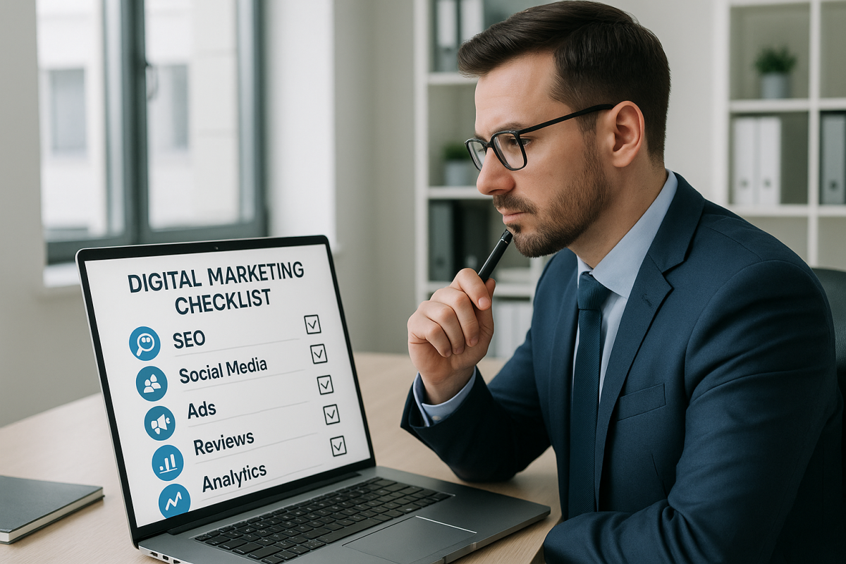 Profesional revisando una checklist de marketing digital para un negocio local