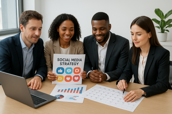 Equipo de una pyme planificando una estrategia de redes sociales