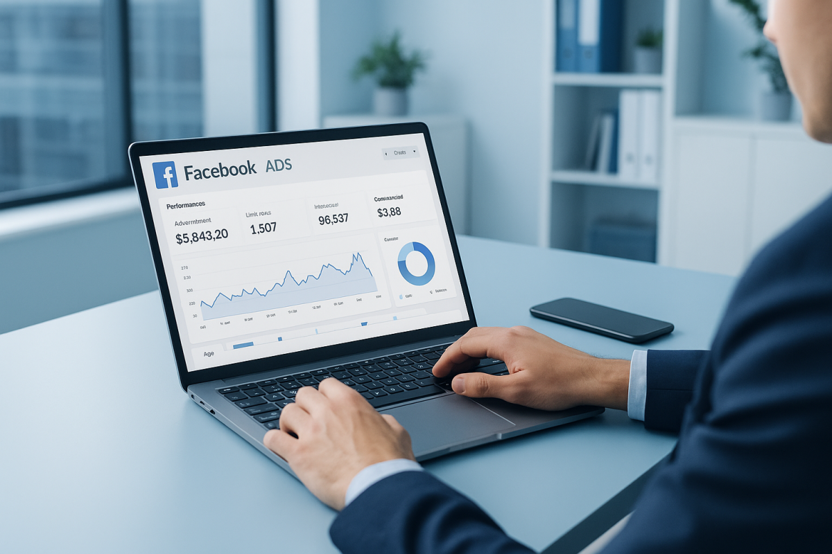 Profesional analizando campañas de Facebook Ads en un portátil