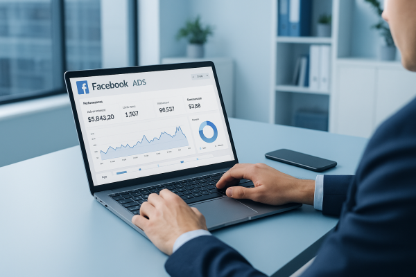 Profesional analizando campañas de Facebook Ads en un portátil