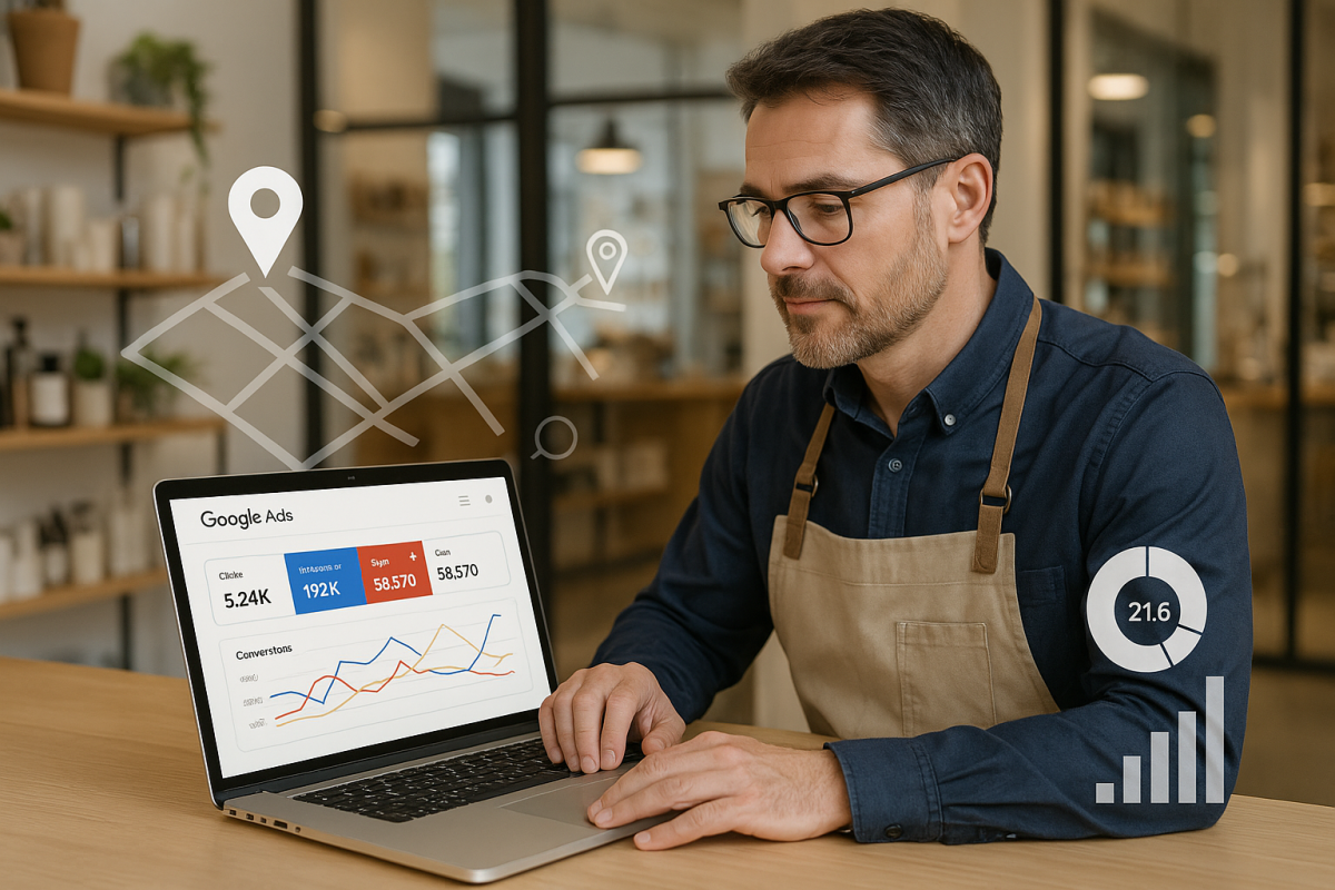 Propietario de un comercio local revisando campañas de Google Ads en un portátil