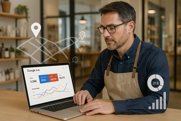 Propietario de un comercio local revisando campañas de Google Ads en un portátil