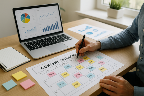 Persona planificando un calendario de contenidos para su negocio