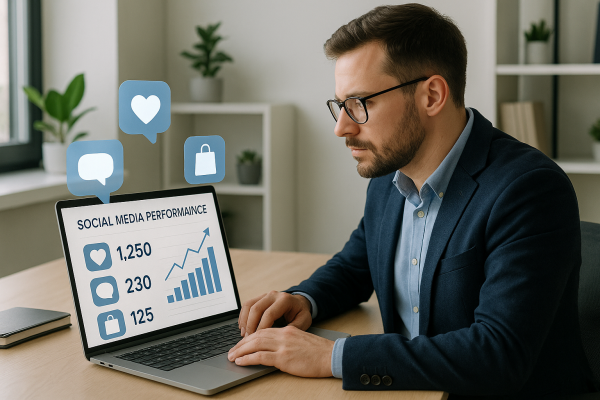 Profesional analizando errores en redes sociales y ventas en una pantalla