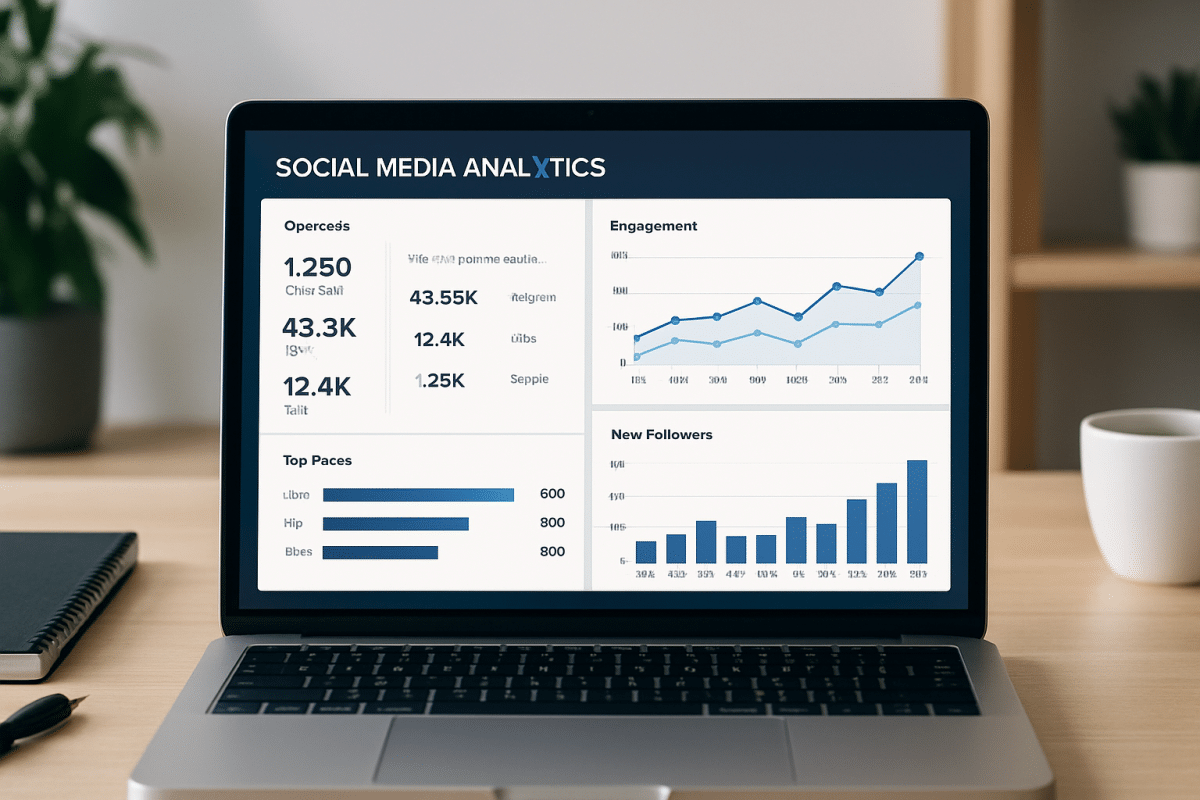 Panel de analítica de redes sociales con métricas mensuales y gráficos de rendimiento