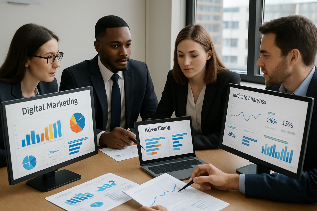 Equipo de agencia de marketing digital analizando estrategias y resultados