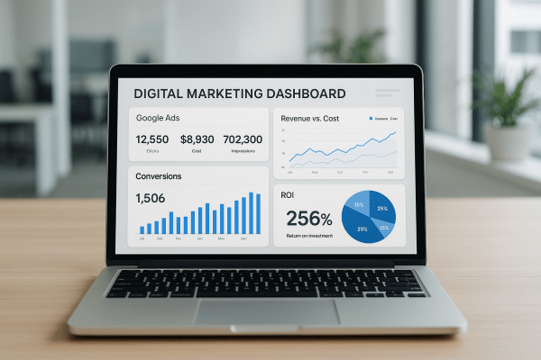 Panel de analíticas de Google Ads con métricas de ROI y conversiones