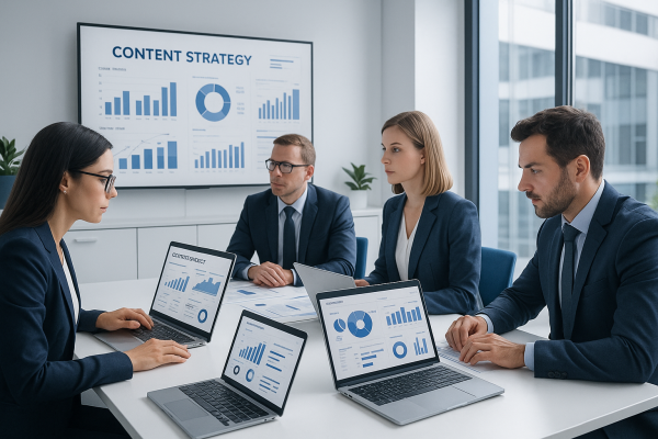 Equipo de marketing analizando una estrategia de contenidos B2B
