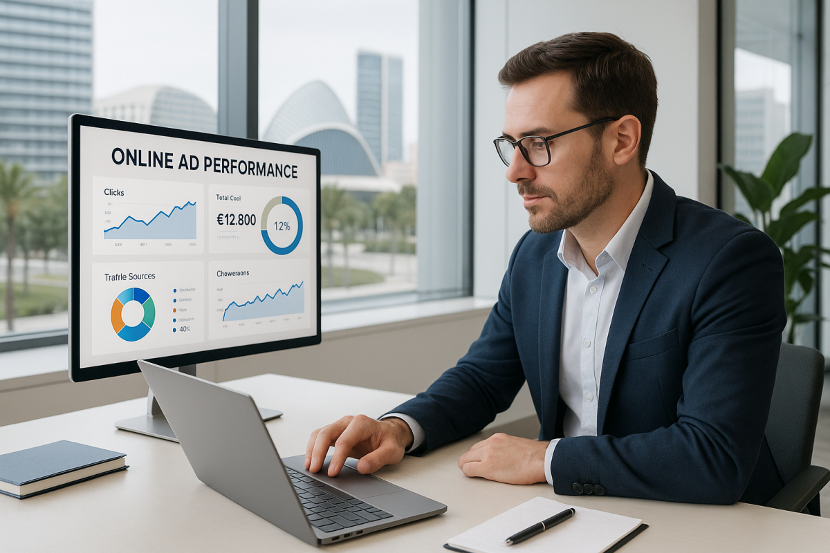 Empresario en Valencia revisando campañas de publicidad online con gráficos de rendimiento