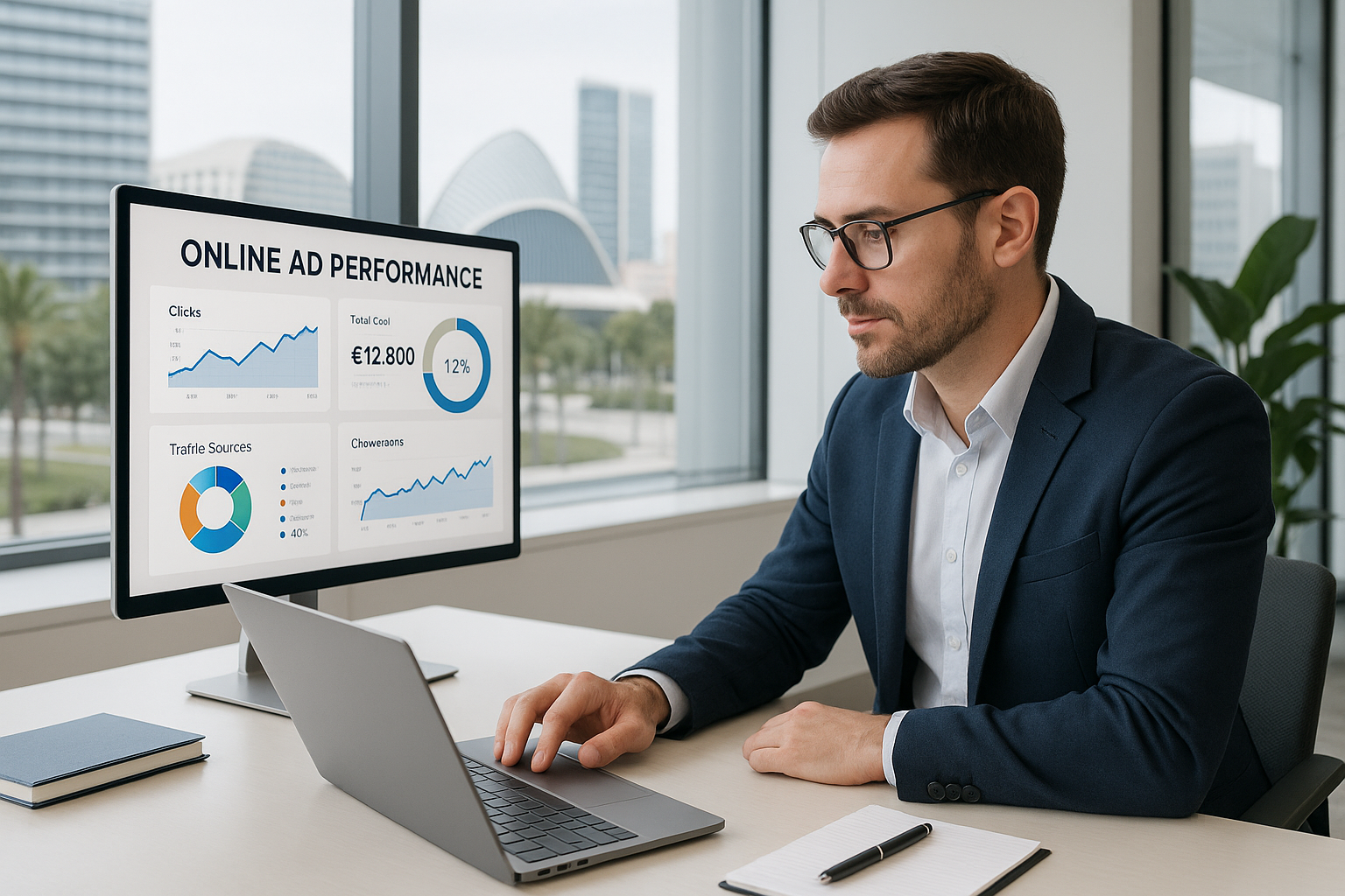Empresario en Valencia revisando campañas de publicidad online con gráficos de rendimiento