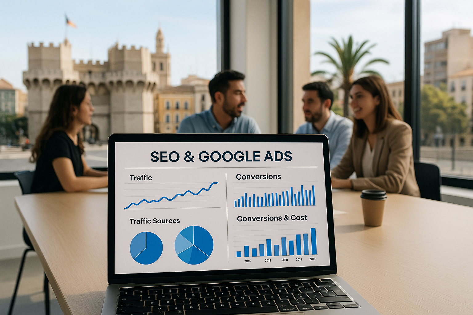 Panel de analítica de Google Ads con métricas de conversiones en una oficina de Valencia