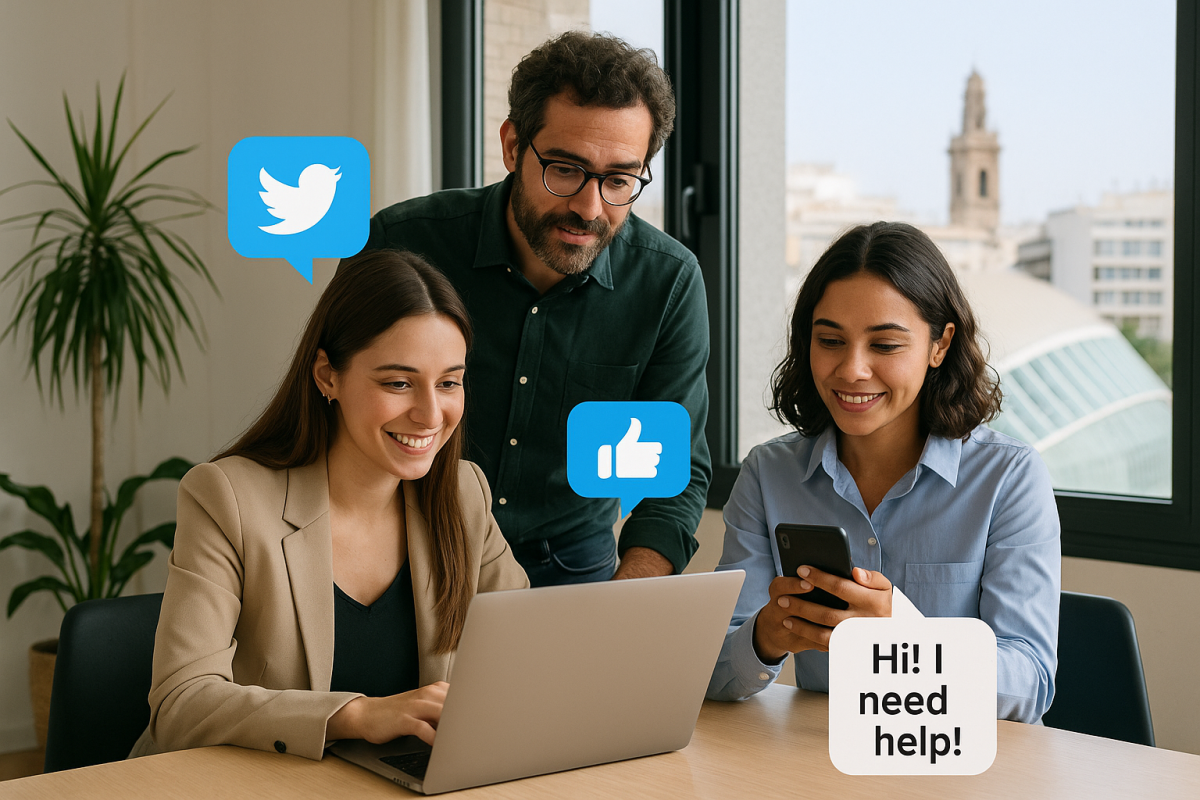 Equipo de empresa en Valencia respondiendo mensajes en redes sociales para vender más