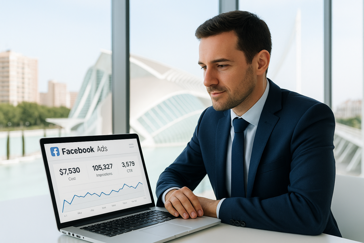 Profesional revisando anuncios de Facebook para captar clientes en Valencia