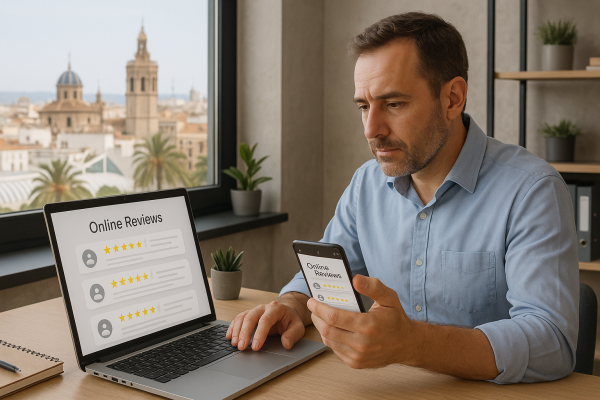 Empresario de Valencia revisando reseñas online para mejorar su reputación