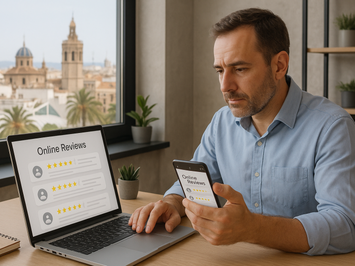 Empresario de Valencia revisando reseñas online para mejorar su reputación