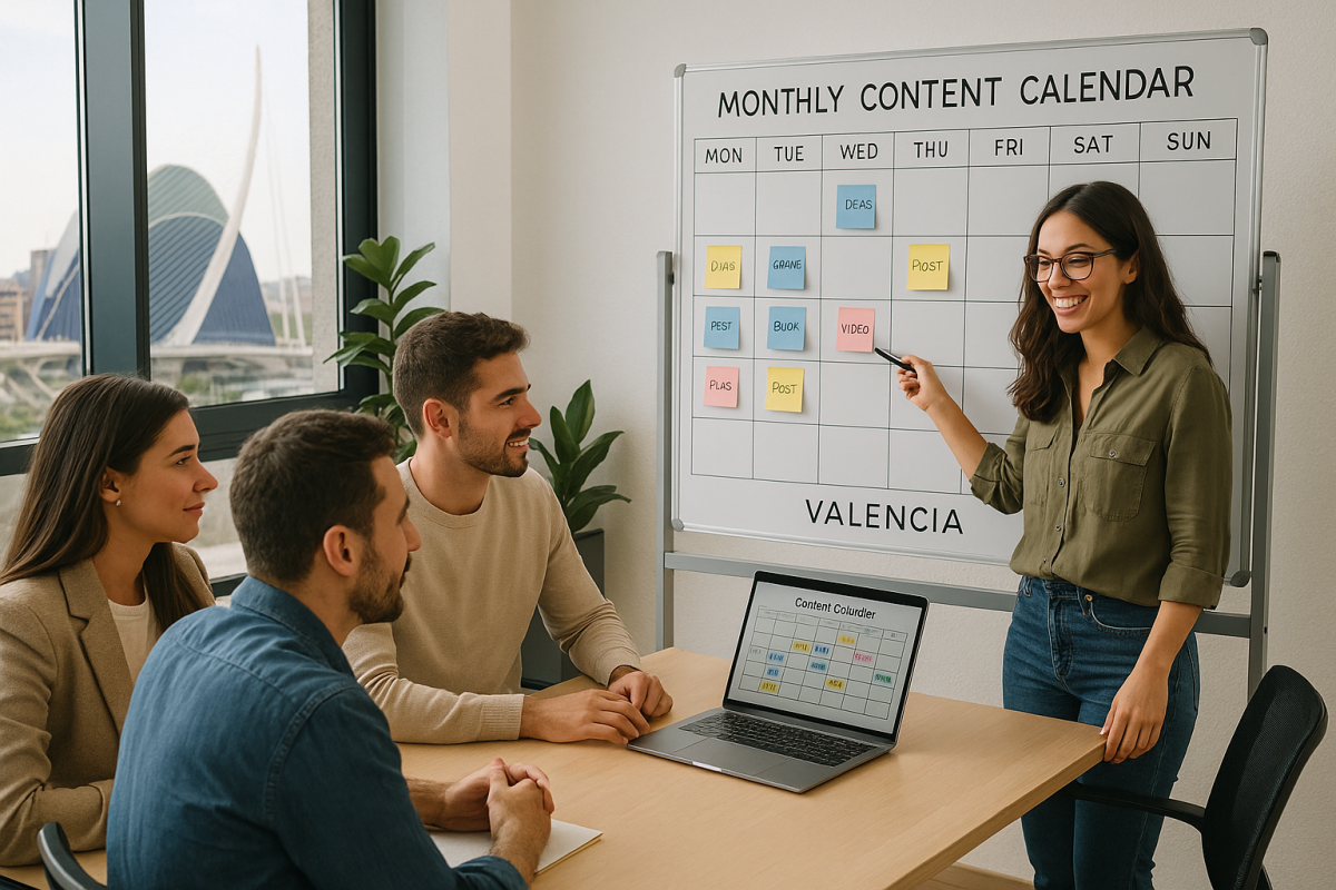 Equipo de marketing planificando el contenido mensual de una empresa local en Valencia