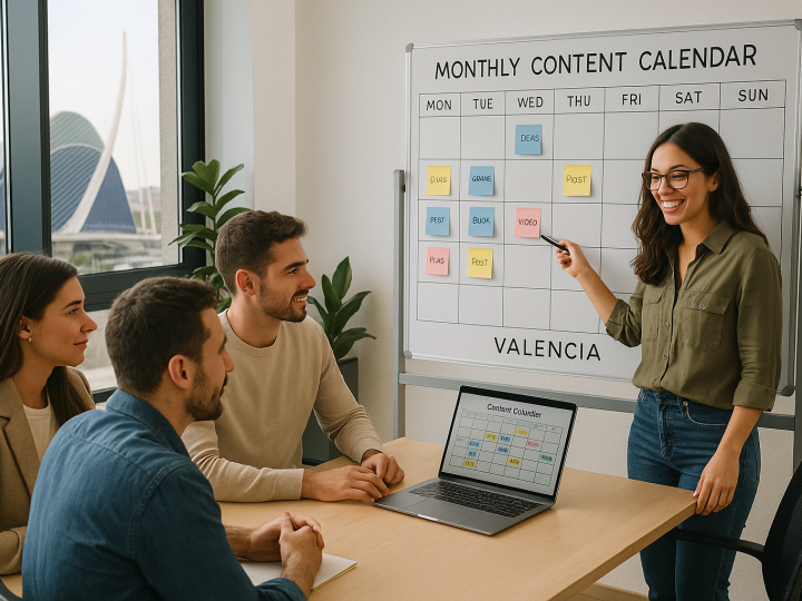 Equipo de marketing planificando el contenido mensual de una empresa local en Valencia